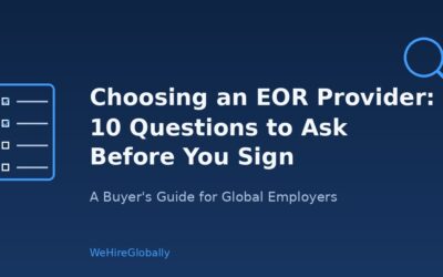 Checklist and magnifying glass graphic illustrating 10 questions to ask before choosing an EOR provider