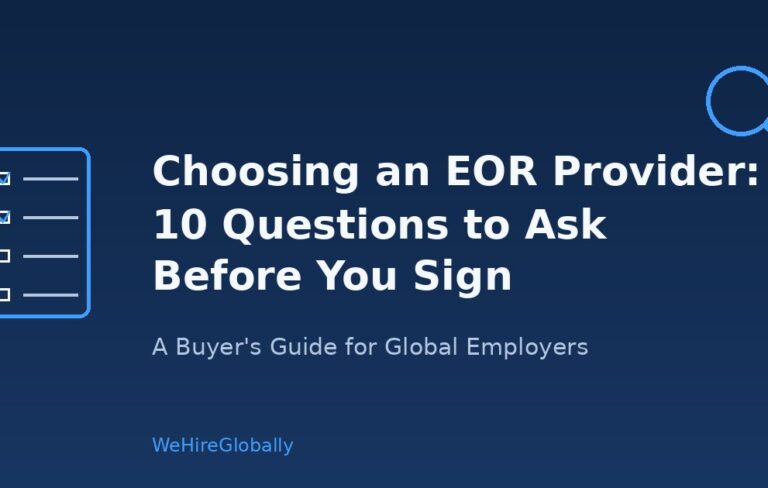 Checklist and magnifying glass graphic illustrating 10 questions to ask before choosing an EOR provider