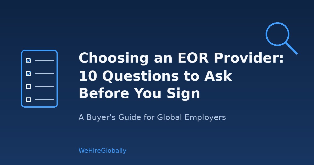 Checklist and magnifying glass graphic illustrating 10 questions to ask before choosing an EOR provider