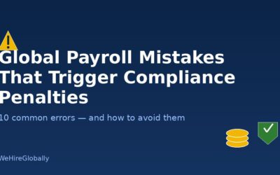 Warning icon with the text Global Payroll Mistakes That Trigger Compliance Penalties, plus coin stack and shield icons representing payroll and compliance risk