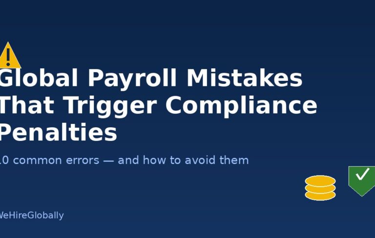 Warning icon with the text Global Payroll Mistakes That Trigger Compliance Penalties, plus coin stack and shield icons representing payroll and compliance risk