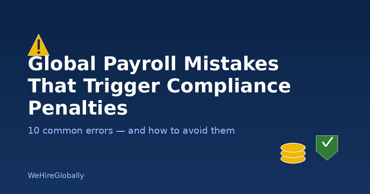 Warning icon with the text Global Payroll Mistakes That Trigger Compliance Penalties, plus coin stack and shield icons representing payroll and compliance risk