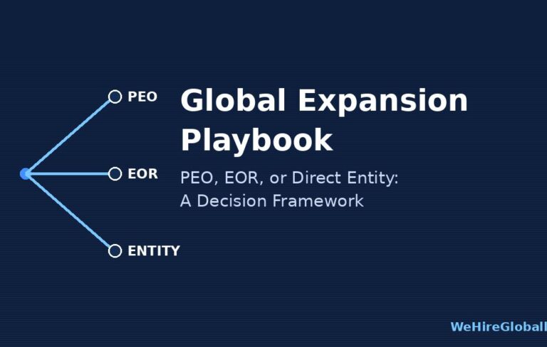 Global expansion playbook: PEO, EOR, or direct entity decision framework diagram Global expansion playbook: PEO, EOR, or direct entity decision framework diagram